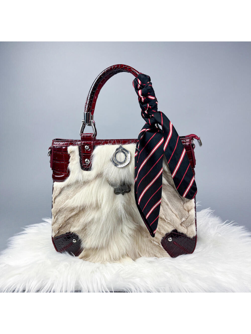 Upcycled Fur and Burgundy Faux Reptile Large Handbag with Charms & Scarf